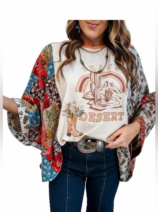 Tops - Boho Desert 3/4 Sleeve Tops Floral Print Ponchos Crewneck Loose Western Shirt L